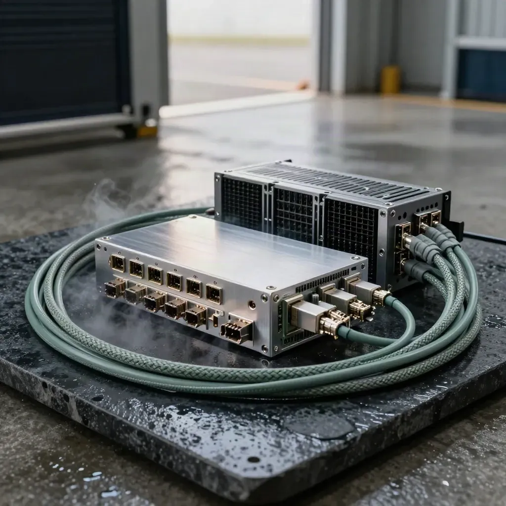 Cluster di cavi e moduli server su pietra bagnata, luce morbida e atmosfera industriale.