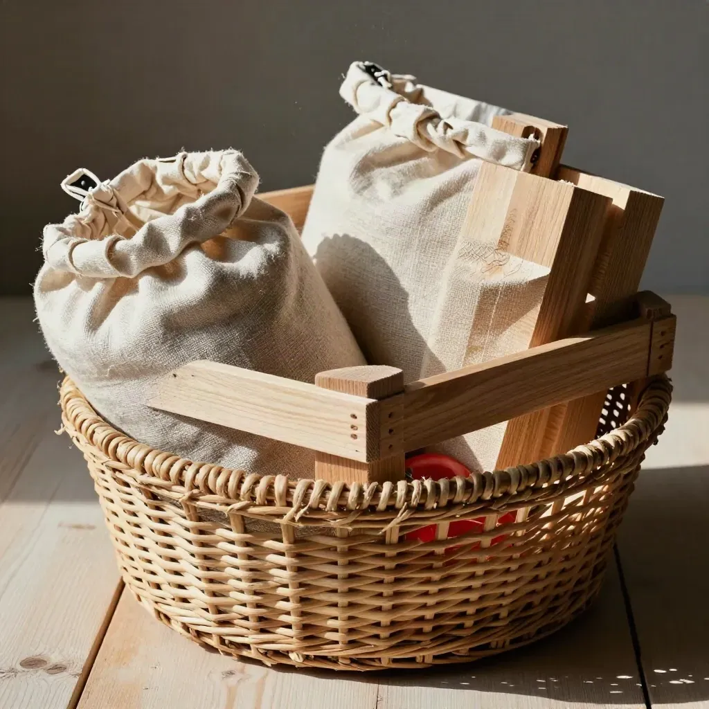 Cestino intrecciato, cassette e sacche in lino su legno chiaro, luce calda e polvere nell’aria.
