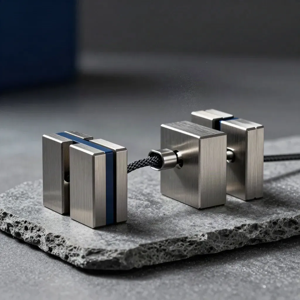 Blocchi modulari metallici con cavo intrecciato su pietra grafite, luce drammatica.