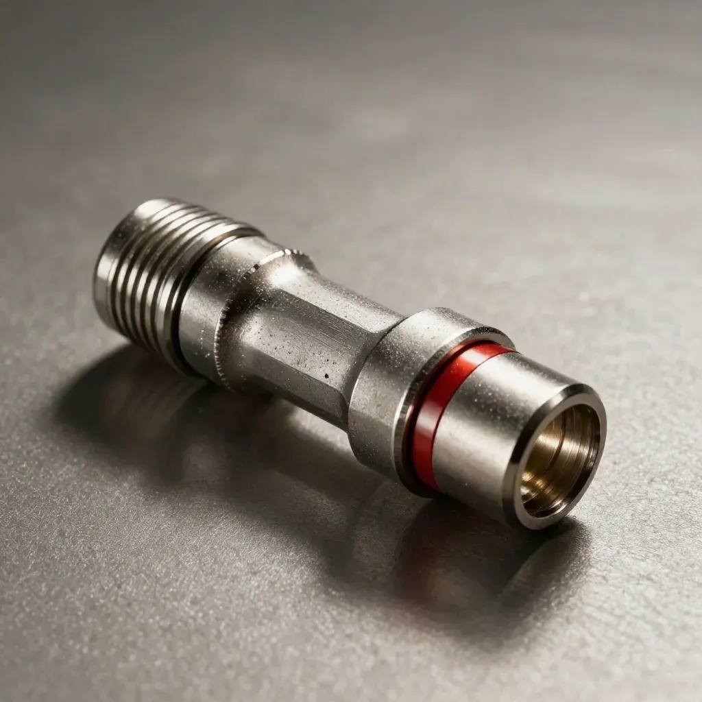 Accoppiatore metallico con anelli adattatori su superficie satinata, luce drammatica dall’alto.
