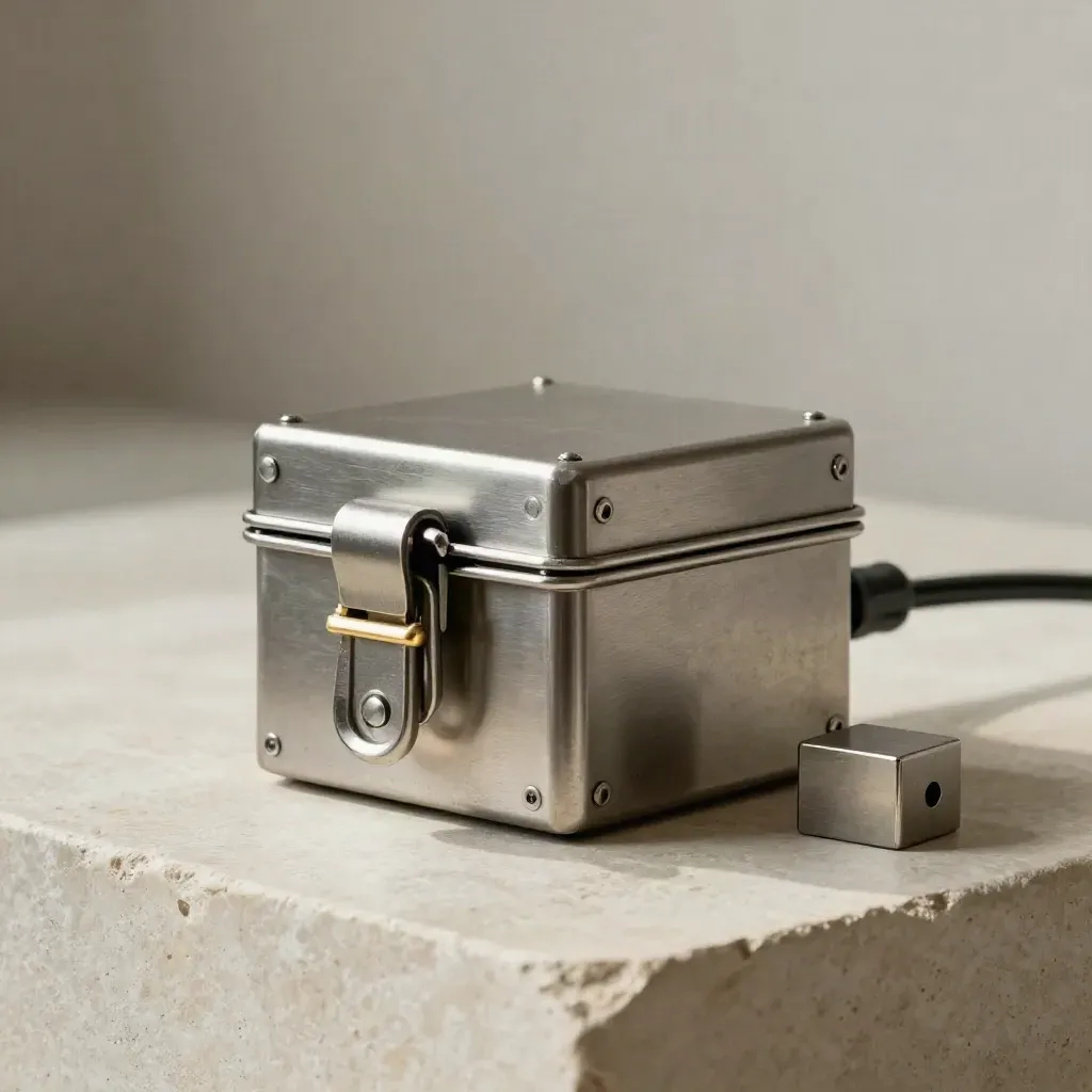 Modulo metallico con cavo intrecciato e blocco di allineamento su pietra chiara.