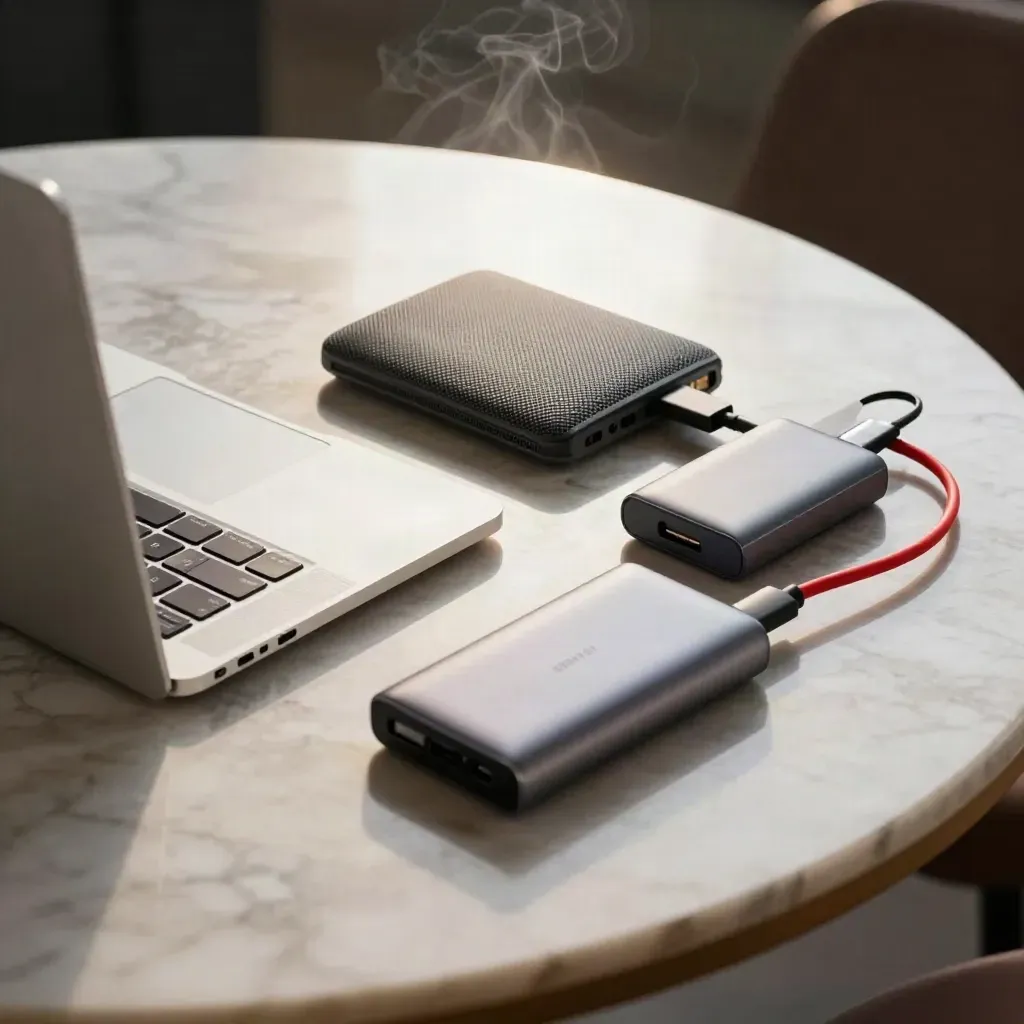 Laptop chiuso, router mesh, power bank e hub USB-C su tavolo in marmo, con vapore di caffè.