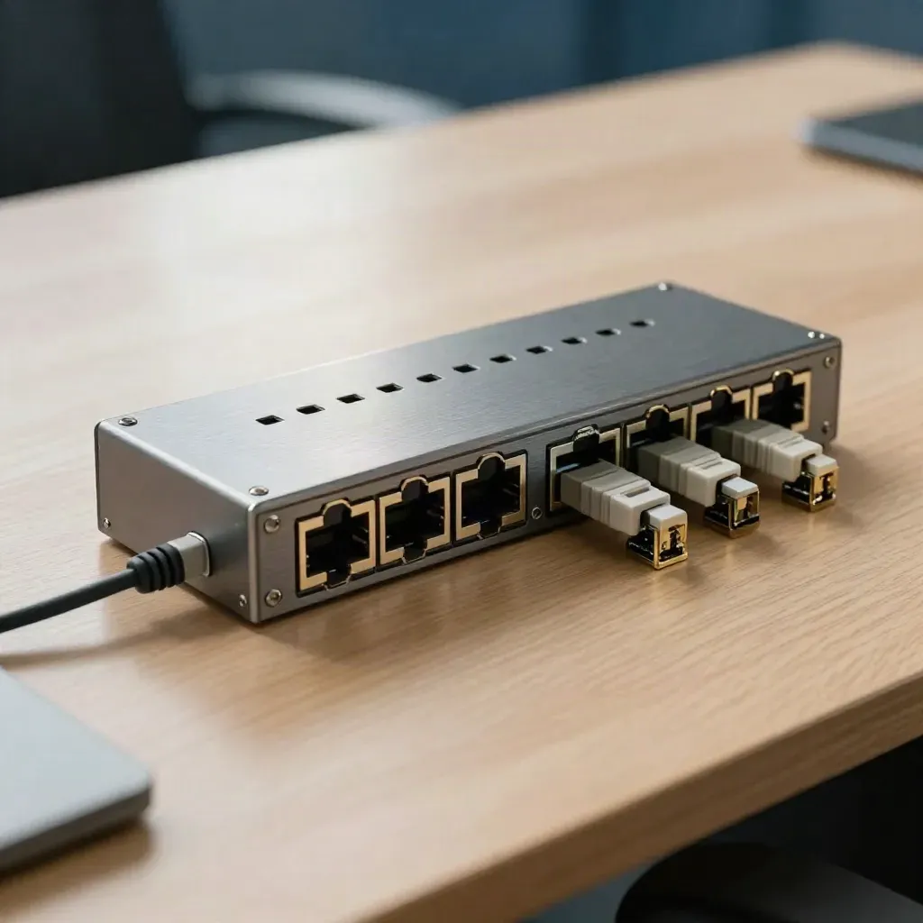 Switch rack e connettori Ethernet su tavolo in legno chiaro, luce radente e atmosfera tecnica.