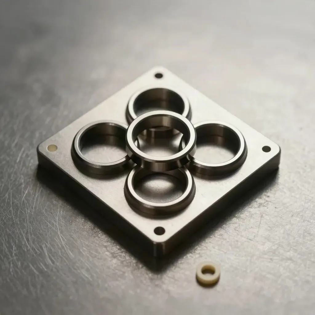 Anelli metallici, blocchi modulari e connettore su acciaio spazzolato, luce morbida e look tecnico.