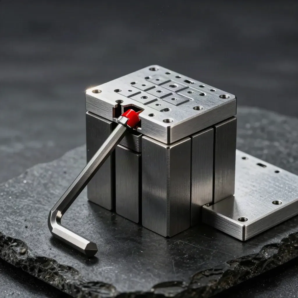 Blocchi metallici modulari e chiave a brugola su pietra scura, luce drammatica.