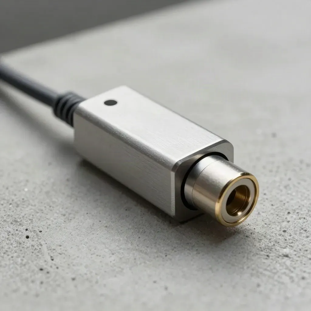Modulo pagamento in metallo con cavo intrecciato, connettore e disco anodizzato su cemento chiaro